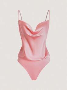 Body de satén elegante con tirantes finos y drapeado de unicolor - Rosa - Ver 1