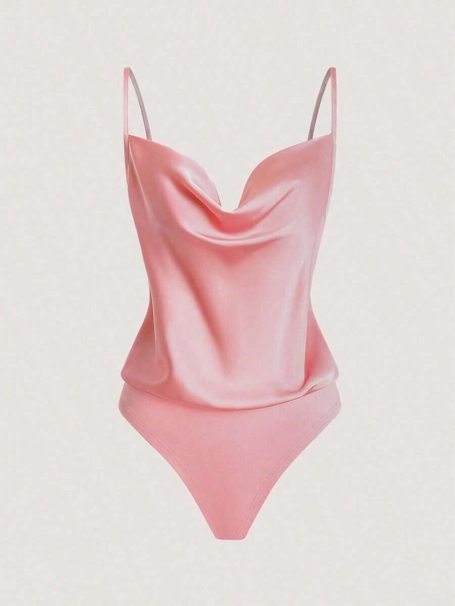 Body de satén elegante con tirantes finos y drapeado de unicolor - Rosa - Ver 1