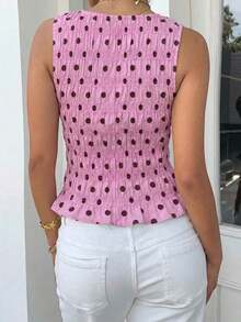 Camiseta ajustada casual y versátil con cuello redondo, volantes y lunares - Rosa - Ver 2