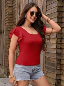Privé Camiseta de manga corta con cuello cuadrado de unicolor casual de vacaciones - Rojo - Ver 4