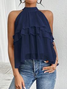 Blusa de gasa con volantes asimétricos y cuello suelto - Azul marino - Ver 4