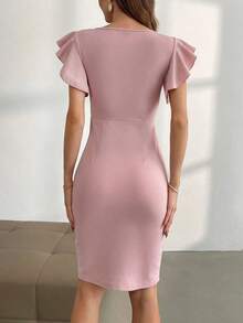 Vestido Con Abertura En El Dobladillo Y Mangas Con Volantes - Rosa - Ver 2