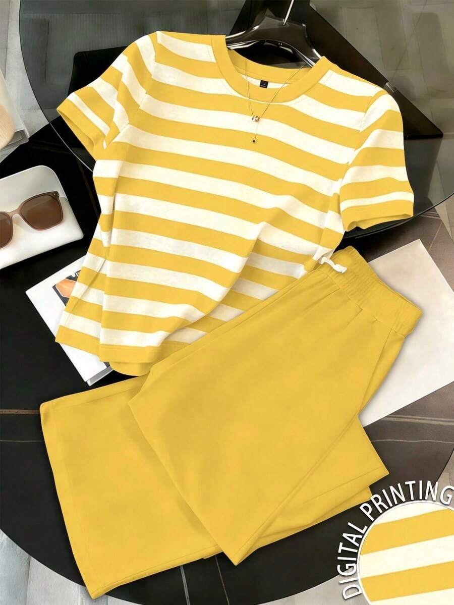 2 piezas Conjunto de camiseta y pantalones a rayas casuales para mujer - Multicolor 4 - Ver 1