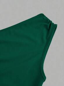 Vestido largo de tipo cola de pez minimalista con hombro asimétrico en color liso, arrugado, para uso diario casual - Verde Oscuro - Ver 3