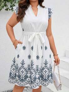 Vestido con estampado gráfico, cuello con muesca, volantes, cinturón, lunares, vestidos para mujer, vestidos casuales de primavera, vestidos de picnic, vestidos de verano, vestidos de primavera, vestidos de festival, vestidos de Pascua, vestid - Azul y blanco - Ver 3