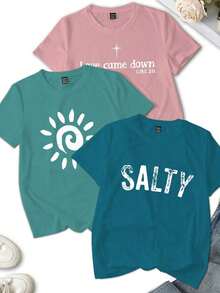 Set de 3 camisetas de mujer de manga corta con cuello redondo, de estilo casual de verano, con estampado gráfico del universo creencia, top de concierto - Multicolor 14 - Ver 3