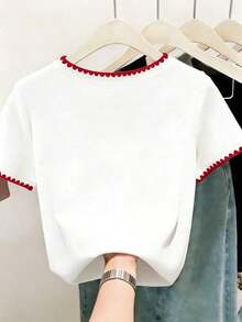 3 piezas Camiseta de mujer de cuello en V de manga corta, tops casuales versátiles clásicos, moda minimalista, adecuada para exteriores, fiestas, estudiantes, maestros, uso diario - Negro - Ver 2