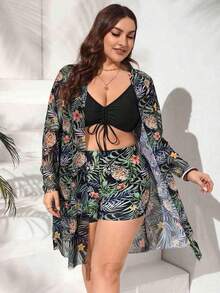 Conjunto de traje de baño estampado tropical de talla grande top de tirantes con cordón y kimono de verano para mujer moda 3 piezas - Negro - Ver 5