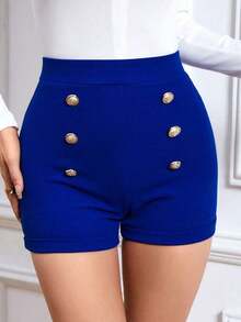 Shorts de talle alto con botón falso - azul real - Ver 5