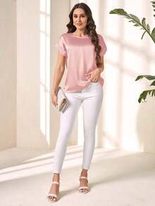 Camisa de mujer con mangas de murciélago estampado de leopardo, camisas de verano para maestras, blusas de mujer estampado de leopardo, blusas de manga corta - Rosa - Ver 4