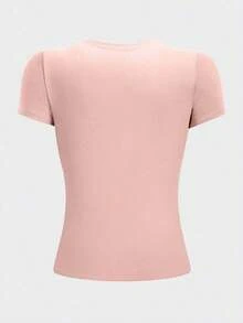 Camiseta casual de manga corta y cuello redondo ajustada para mujer, color café - Rosa Pálido - Ver 2