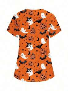 Blusa de mujer con cuello en V blanco, manga corta, con doble bolsillo, con estampado de dibujos animados lindos, estampado de animales de granja, uniforme de enfermera/médico, ropa de trabajo de unicolor para peluquería de mascotas, bata de labo - Naranja - Ver 2
