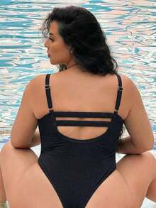 Traje de baño de una pieza con tirantes finos de unicolor para tallas grandes - Negro 2 - Ver 6