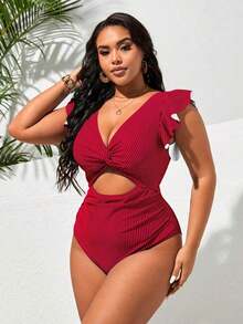 Traje de baño de una pieza con rayas y pliegues retorcidos para mujer de talla grande, adecuado para vacaciones en la playa, fiestas en la piscina y fiestas en la playa - Rojo - Ver 3