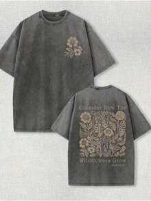 230g Washed T-Shirt With A Secret Fresh Flower Print, High-Quality Wax-Printed Retro Fashion Brand T-Shirt For Men, Beach Essential, Summer T-Shirt For Men, Holiday Gift, Perfect Gift - Comfortable Unisex Urban Vintage Style Loose Fit Washed T-Shirt (Retro Style, Unisex) - 杏色 - 查看 6