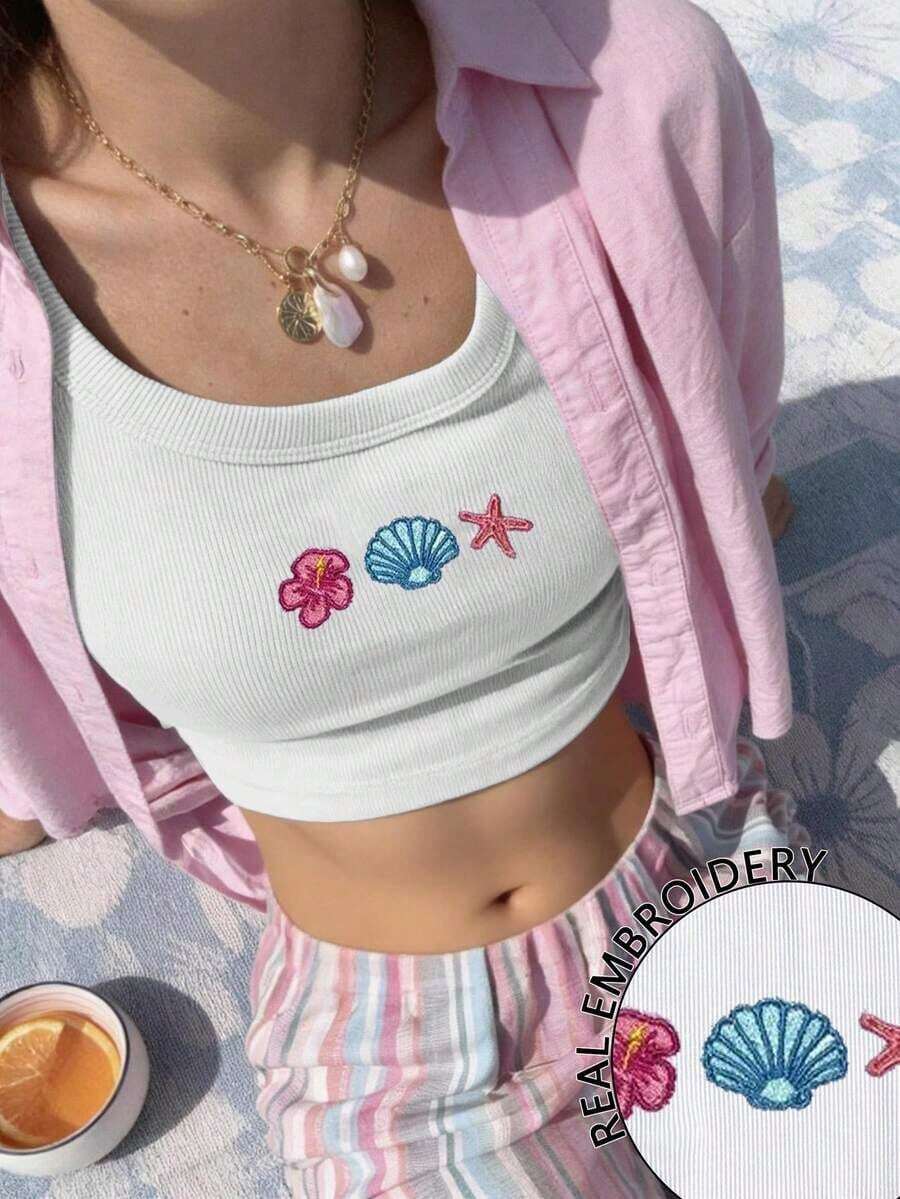 Top de tirantes con bordado de ballena para mujer, chaleco bordado con ribete de concha a la moda - Blanco - Ver 1