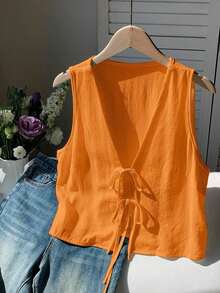 2026 Nuevo Top sin mangas con cuello en V, lazo delantero y bordado floral para mujer, ideal para vacaciones en la playa, uso casual, estilo Y2K de los 2000, primavera, graduación, fiesta de boda, vacaciones elegantes, San Valentín, carnaval, - Naranja Quemada - Ver 8