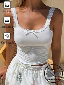 Camiseta sin mangas de mujer con encaje, parches y lazo, ajuste ceñido, casual y sexy - Blanco - Ver 8