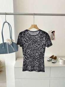 Blusa ajustada de cuello redondo con estampado de leopardo vintage de malla, elegante y casual para uso diario - Gris - Ver 2