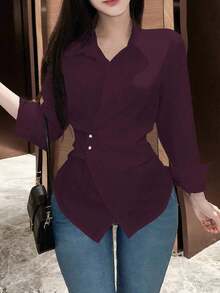 Blusa larga de manga larga con nudo de mujer, color liso, camisa de mujer para primavera y otoño, blusas de manga larga - Rojo violeta - Ver 3
