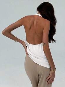 Top sin mangas ajustado para mujer con cuello en pico minimalista y elegante para el uso diario - Blanco - Ver 2