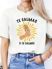 Camiseta de manga corta de impresión de letra casual para mujer en español - Diseño "Te calmas o te calmo!", cuello redondo, manga corta, poliéster, parte superior deportiva de primavera/verano, camiseta ligera| Camiseta gráfica juguetona| Tela de poliéster, camisetas para damas - [Blanco] - Ver 6