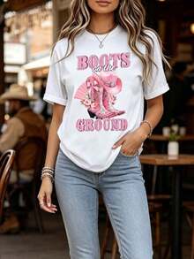 Camisetas Casuales para Mujer, Camiseta de Cuello Redondo con Estampado Gráfico de Botas Vaqueras Rosadas y Sombrero, Manga Corta, Ropa Casual para Festivales de Música Country y Atuendos Diarios, Camiseta para Mujer, Estilo Y2K, Camisetas de Moda de Verano, Conjuntos y Tops Casuales de Streetwear. - Blanco - Ver 2