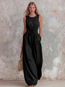 Women's Retro Casual Jumpsuit In Green With Ruffle, V-Neck And Sleeveless, Made Of Cotton And Linen - Black - View 3