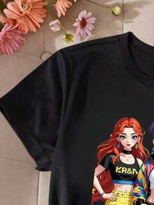 Sparklyn Black Short Sleeve Crew Neck Graphic Tee For Preteen Girls, Casual, Comfortable, And Fashionable Minimalist Graphic Tee, Versatile, With Cartoon, Creative, Fun, Celebrity, Anime, And  Prints, 100% Cotton - 5 - 查看 3