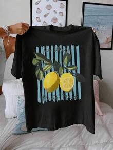 Playera unisex de manga corta y cuello redondo1  Letras  Hoja  Floral    Casual    Ninguno    Playa  Noche de fiesta  Boda  Oficina    Camiseta de manga corta ajustada y casual con estampado de limón para mujer Cereza, fresa, limón2026 - Negro - Ver 1