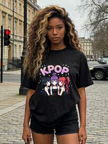 Women's Summer Clothes, Soft And Casual Cotton T-Shirt With Round Neck, K-Pop Idol Style Print For Girls. White. - 黑色 - 查看 1