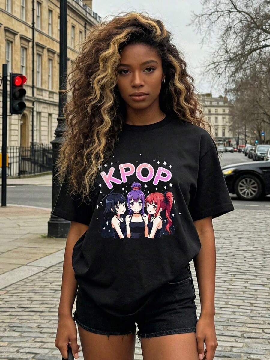 Women's Summer Clothes, Soft And Casual Cotton T-Shirt With Round Neck, K-Pop Idol Style Print For Girls. White. - 黑色 - 查看 1