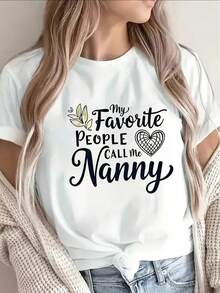1 camiseta de manga corta estampada para mujer, con la frase 'La persona que amo más me llama abuela', material muy adecuado para uso casual en casa, cocina o actividades familiares, suave y duradera, 180g 100% algodón. - Blanco - Ver 11