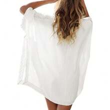 Plus-Size Women's Loose-Fitting Lace-Trimmed Sun Protection Beach Cover-Up For Seaside Travel - White - View 3