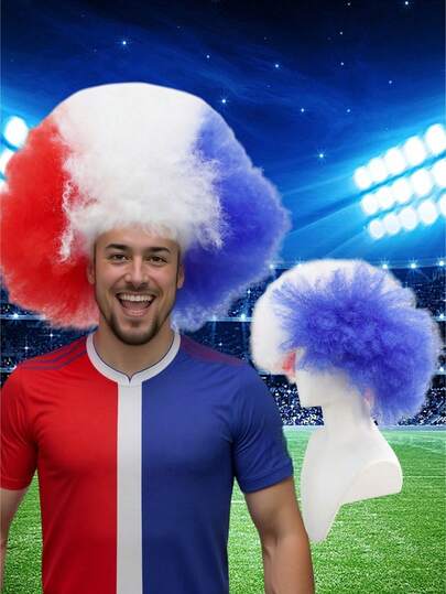 anxin Tricolor Explosion Wig, Red, Blue And White Patchwork Fluffy Curly Wig, World Cup Fan Cheering Party Costume Prop