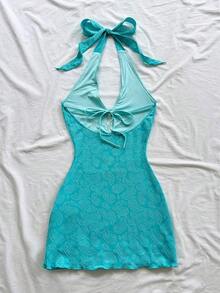 Vestido mini casual para vacaciones, boda en la playa, graduación, brunch, Día de San Patricio, vacaciones de primavera, Pascua, festival de música, elegante bohemio, tropical elegante sin tirantes, hombros descubiertos, espalda descubierta para of - Agua verde azul - Ver 2