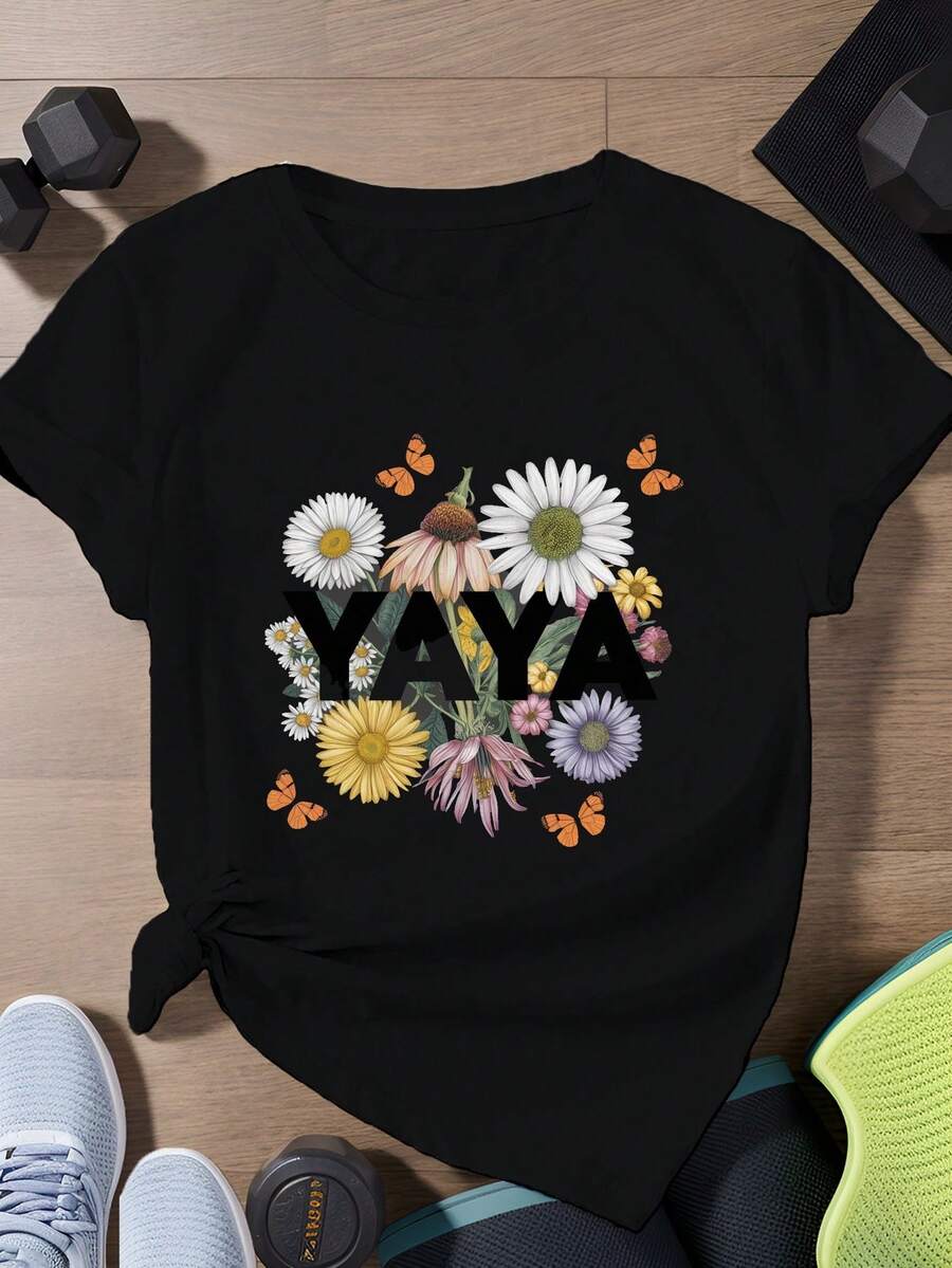 Camiseta deportiva de manga corta para mujer con la palabra YAYA y un estampado floral.una camiseta estampada muy distintiva / estilo unisex / adecuada tanto para hombres como para mujeres / resistente a las arrugas / transpirable - Negro - Ver 1