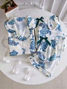 3pcs Women's Casual Comfortable Loose Star & Shell Turtle Print Pocket Front Button Short Sleeve Top & Shorts & Pants Pajama Set, Spring/Summer - Multicolor - View 3