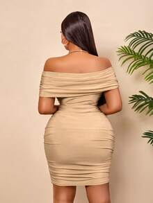 BIUBIU Plus Size Women Sexy Bodycon Dress, Gold Strapless Off-Shoulder Ruched Knit Mini Dress, High Elastic Fabric Elegant Summer - Apricot - View 2