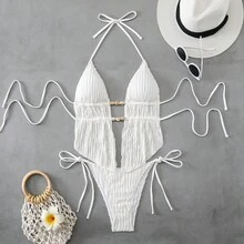 Bikini de dos piezas con tirantes dobles con cuentas, traje de baño de dos piezas irregular, bikini sexy de color sólido. - rosa - Ver 8