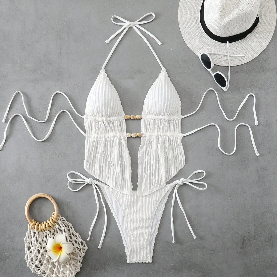 Two-Piece Bikini With Double Beaded Straps, Irregular Two-Piece Swimsuit, Sexy Solid Color Bikini. - White - View 1