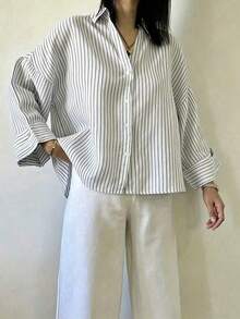 Camisa de mujer de poliéster a rayas con hombros caídos, manga larga, cuello, diseño con botones delanteros, longitud regular, tela sin estiramiento - Azul - Ver 5