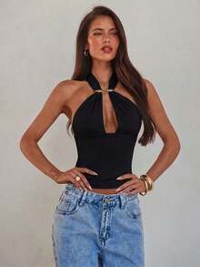 Camiseta sin espalda con cuello halter y decoración de hebilla de metal hueca sexy para mujer - Negro - Ver 8