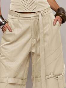 Pantalones cortos de carga con detalles de puntada y pierna ancha, perfectos para primavera y verano, para citas, salidas nocturnas, festivales, vacaciones y talla grande - Crema - Ver 5