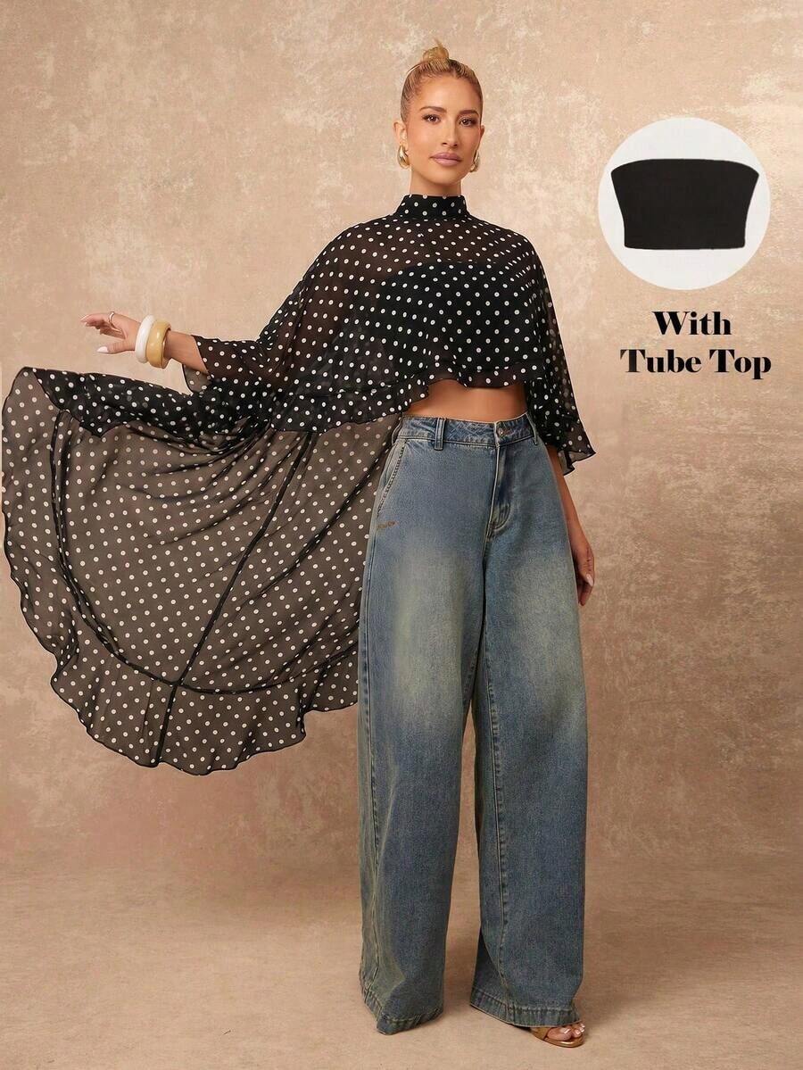 Nueva llegada Blusa elegante de mujer de alta gama con cuello suelto, bajo asimétrico con volantes, parte delantera corta y parte trasera larga - Blanco y Negro - Ver 1