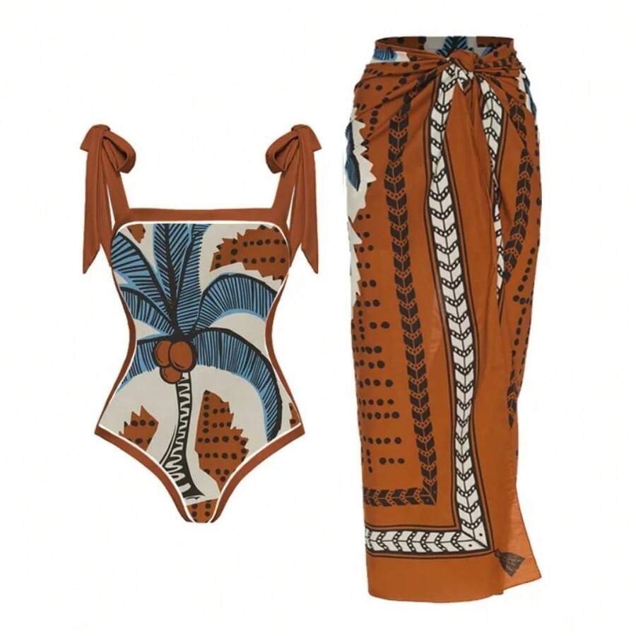 Women's One-Piece Swimsuit, Sexy Bikini With Long Lace-Up Skirt, Three-Piece Set. - 復古褐色 - 查看 1