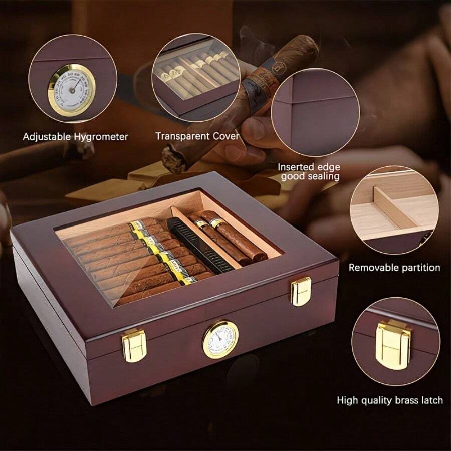 Caja de puros de madera con tapa, caja termostática y humidificadora, transparente con pantalla de vidrio, caja de puros en stock