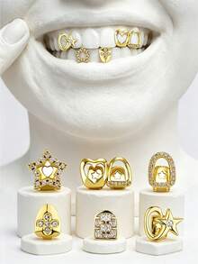 6PCS Gold Grillz For Teeth,Gold Plated Diamond Grillz Set,Hip Hop Teeth Grillz With Fitting Tool,Custom Fit Iced Out Fake Tooth Caps For Men & Women - Gold - View 2