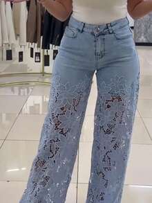 Pantalón de mezclilla nuevo de primavera-verano para mujer, tiro alto, corte ancho, de moda, elegante, versátil, con encaje calado, caída fluida, diseño favorecedor, perfecto para looks de día, oficina y ocasiones informales - azul claro - Ver 3
