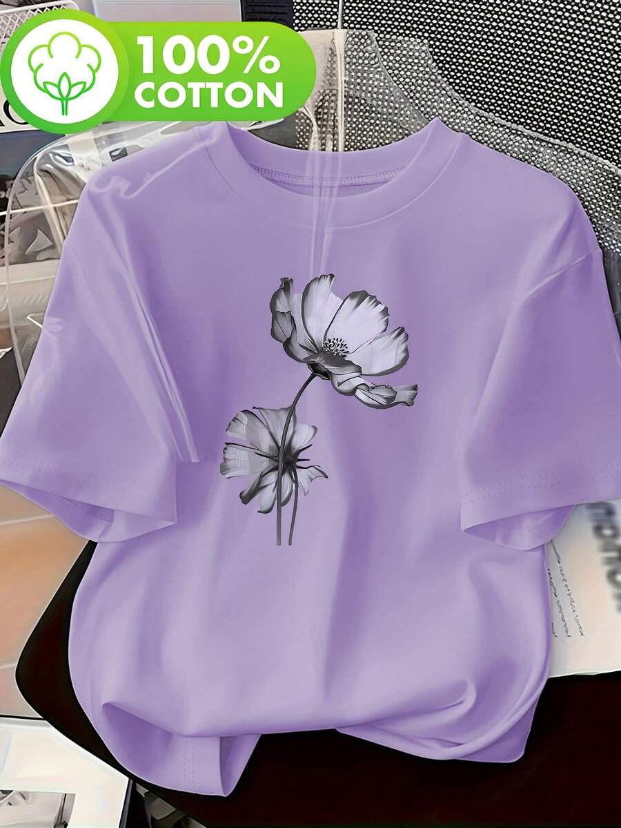 Talla Grande - Talla Grande - Blusa Casual de Manga Corta con Cuello Redondo y Estampado de Flores en Blanco y Negro para Mujer de Talla Grande - Morado - Ver 1
